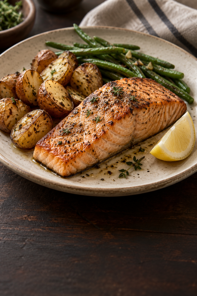Roasted salmon with baby potatoes, green beans and a lemon wedge.