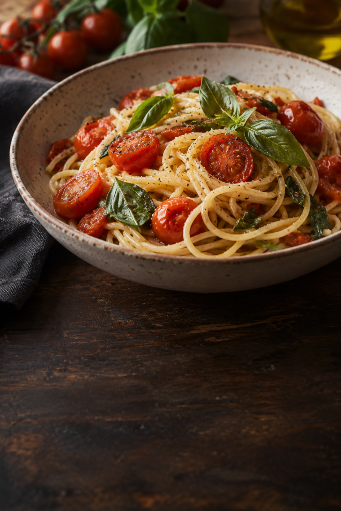 Spaghetti with cherry tomatoes and fresh basil in a ceramic bowl.